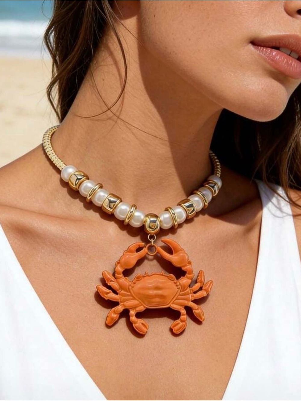 NWT Gold Pearl Choker with Orange Crab Pendant, Summer Statement Necklace